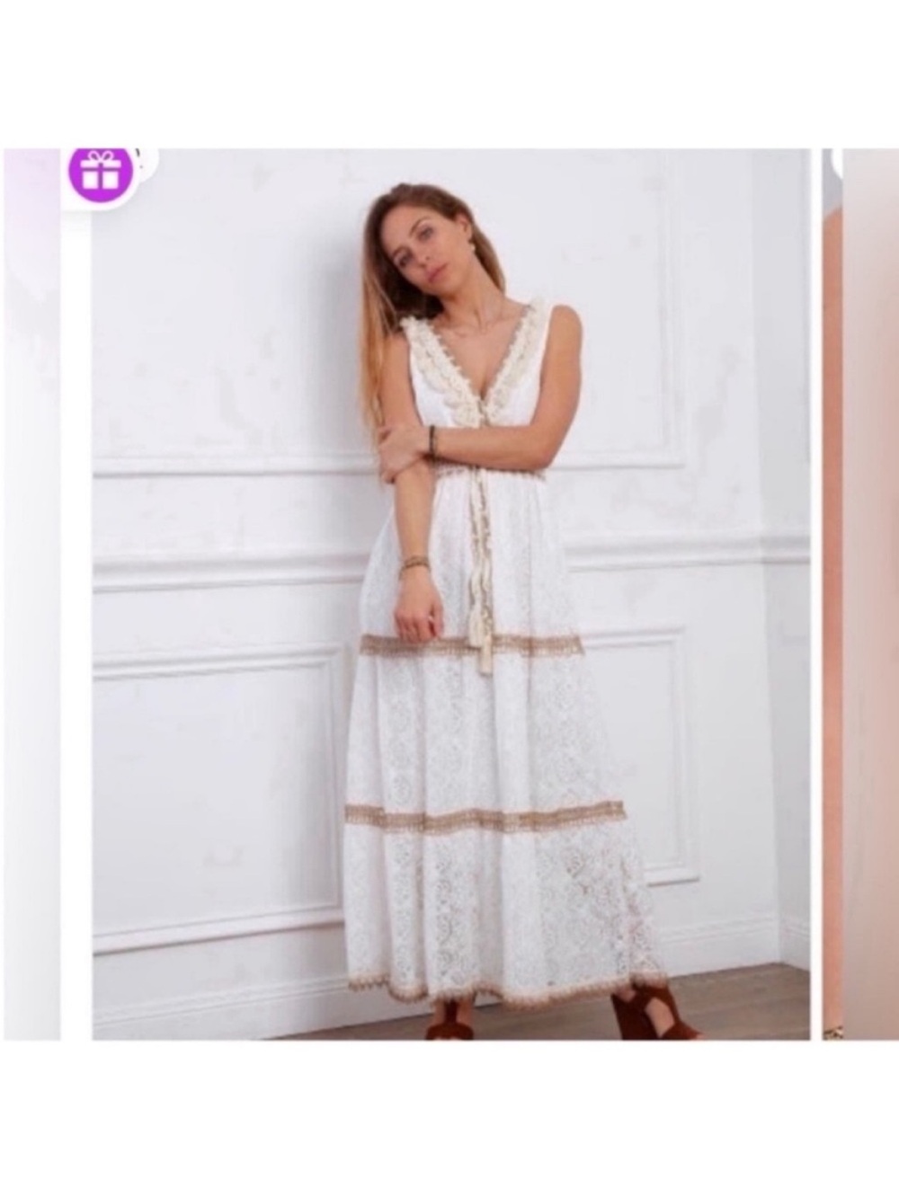 Boutique floral lace overlay tiered tassel bead charm maxi dress coastal beach